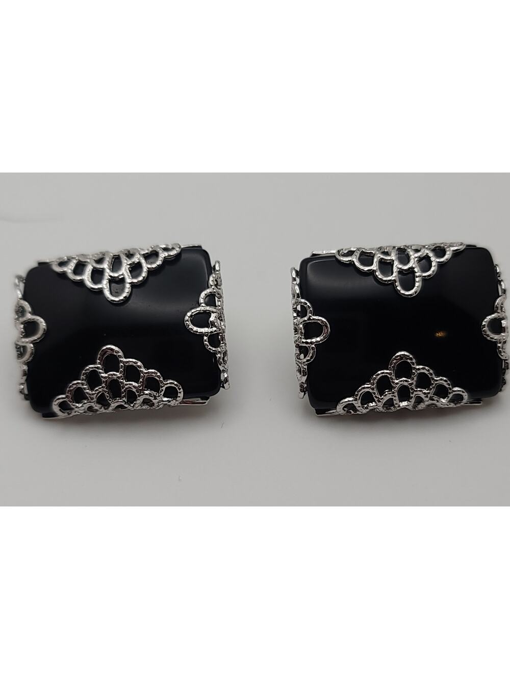 Vintage Emmons Silver-Tone and Matte Black Clip-on Earrings